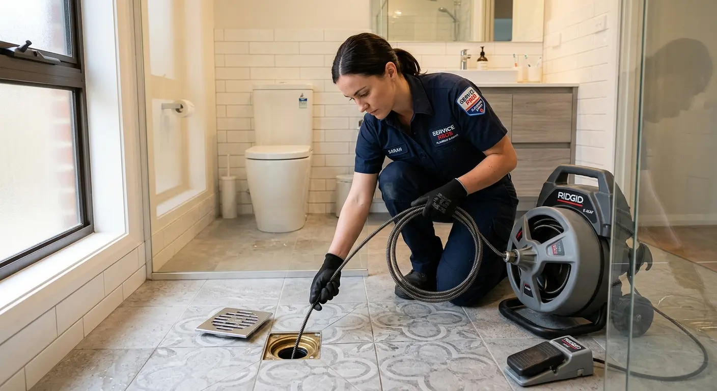 Technician clearing a bathroom floor drain for Sewer Line Installation in St. Robert